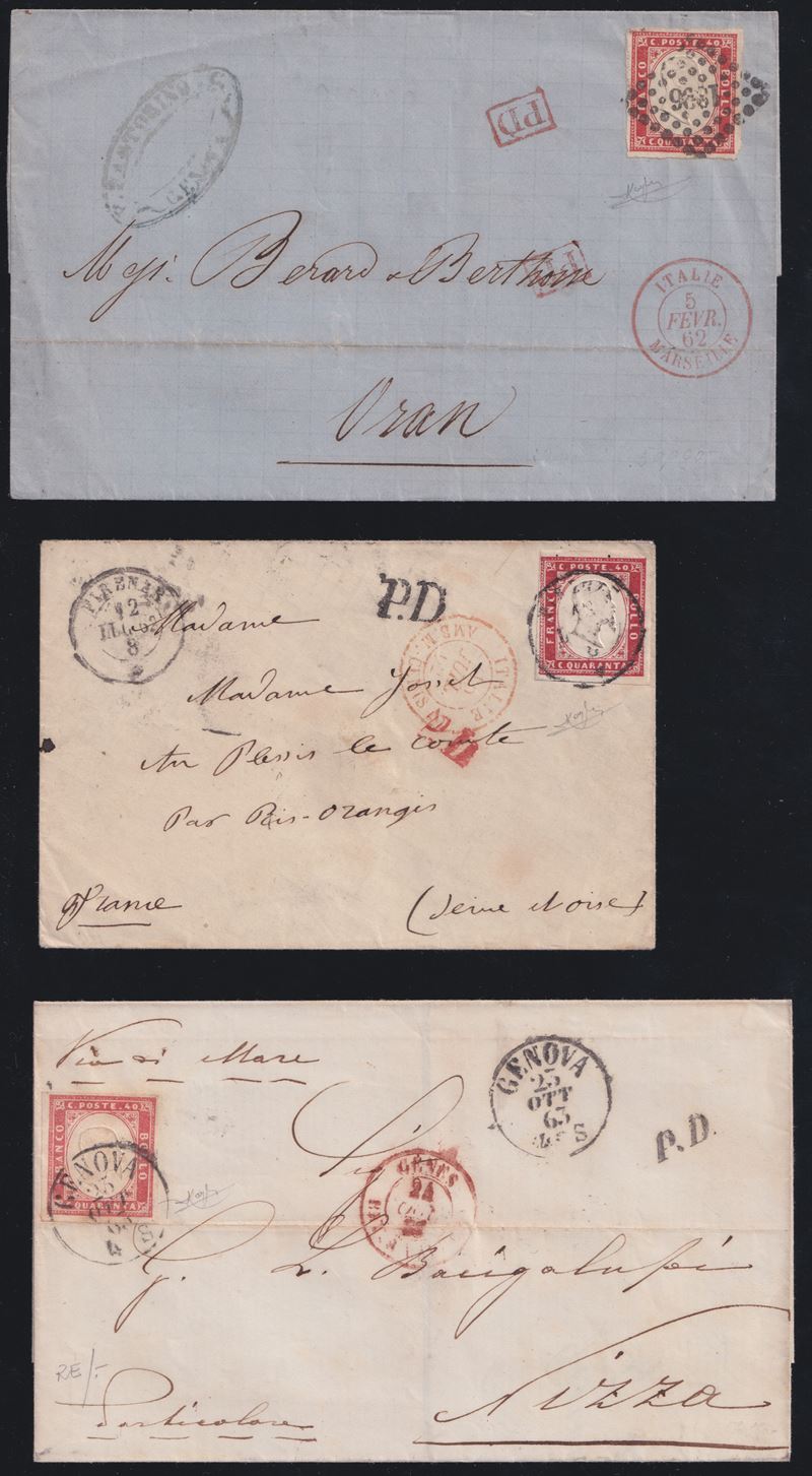 Sardegna, Storia postale: 3 lettere affrancate per la Francia (1862)