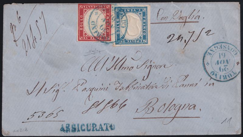 Francobollo e affrancatura postale, Lettera assicurata Torino per Bologna (19 novembre 1862)