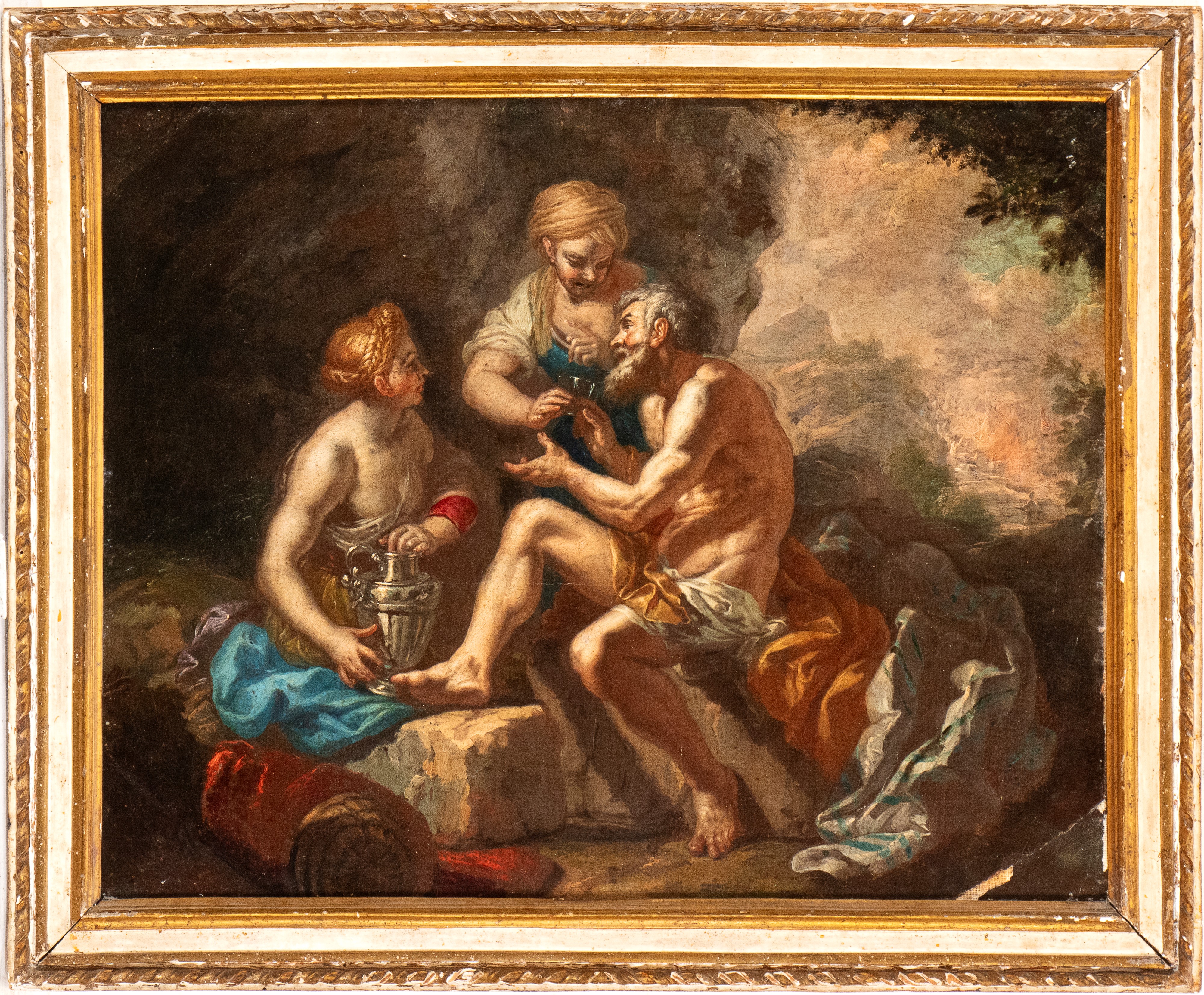 Artista Napoletano, XVII - XVIII Secolo - Olio su tela con cornice, Lot e le figlie