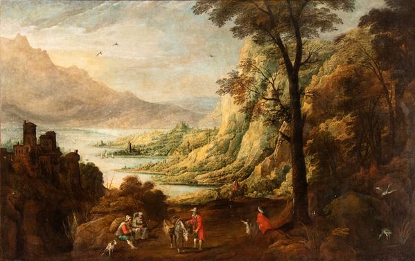 Artista fiammingo, XVII secolo - Lake landscape with figures