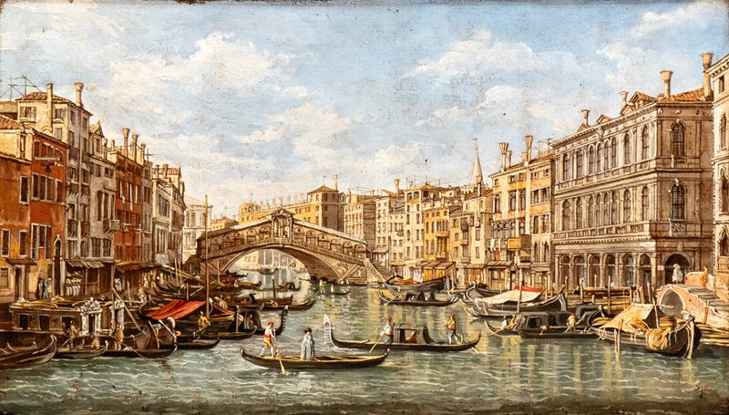 Artista Attivo a Venezia, XIX Secolo - Veduta del Ponte di Rialto, olio su tela