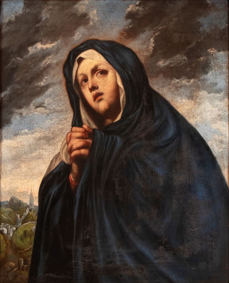 Madonna in preghiera con veduta di città fortificata sullo sfondo