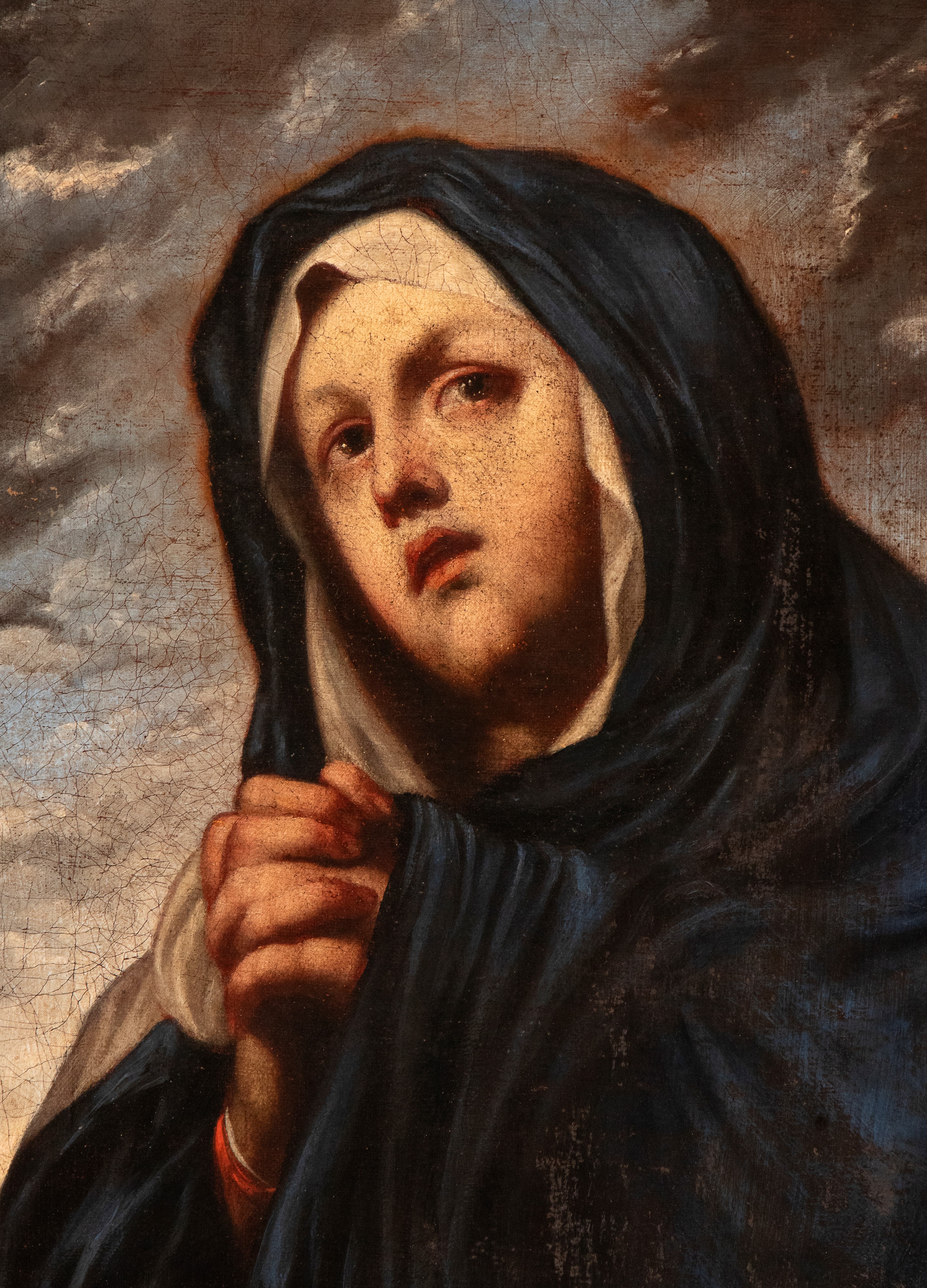 Madonna in preghiera con veduta di città fortificata sullo sfondo
