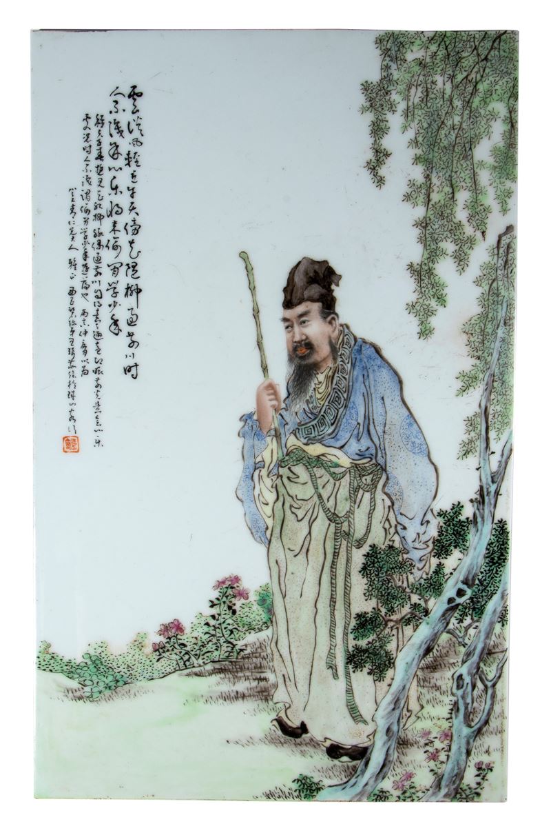 Raffinata formella in porcellana dipinta, Cina, Repubblica (1912-1949)