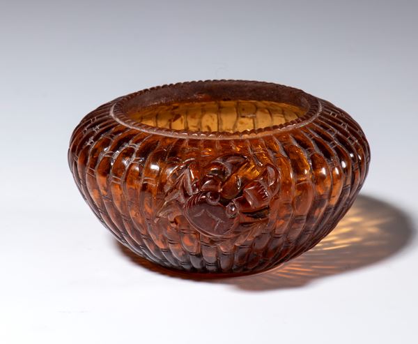 Glass brush basin with gold inclusions in the shape of a crab trap. A four-character mark is stamped on the base. China, Republic period (1912–1949).