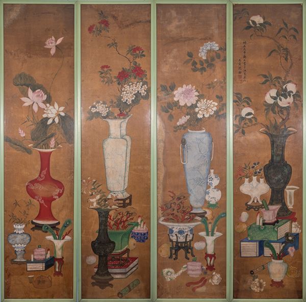 A rare four-panel painting depicting scholarly objects and flowers in vases. Ink and pigments on paper. Benzoni Collection, China, Qing Dynasty (1644–1912).