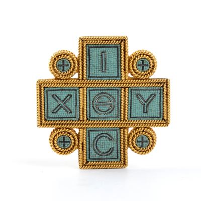 Spilla in oro e micromosaico con iscrizione paleocristiana ΙΧΘΥΣ