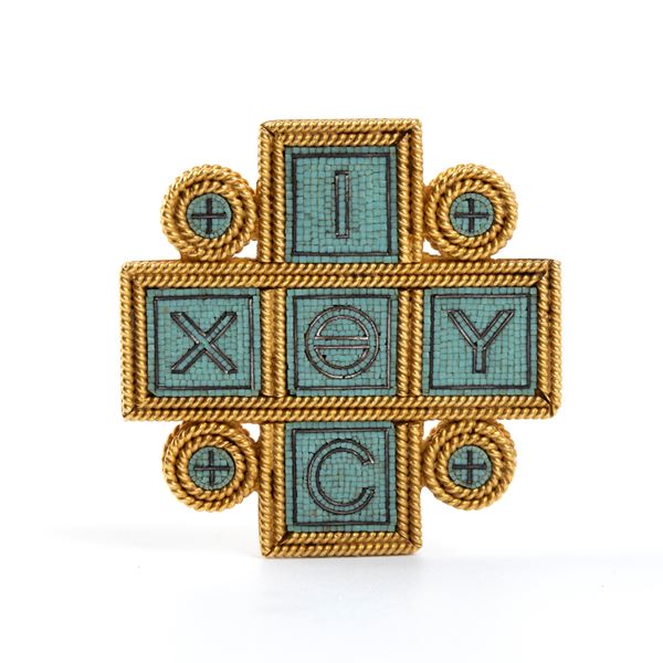 Spilla in oro e micromosaico con iscrizione paleocristiana ΙΧΘΥΣ