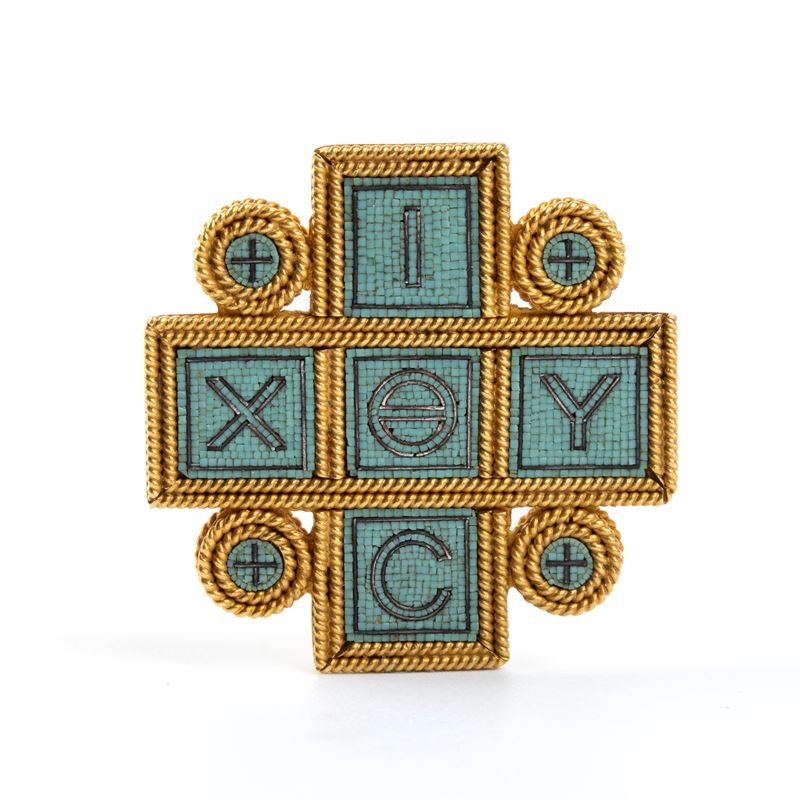 Castellani - Spilla in oro e micromosaico con iscrizione paleocristiana ΙΧΘΥΣ