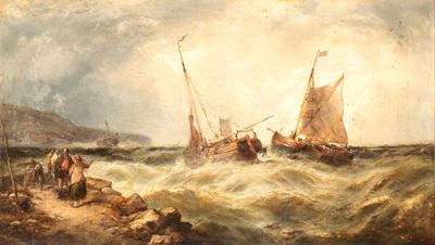 Marina in tempesta con imbarcazioni, olio su tela