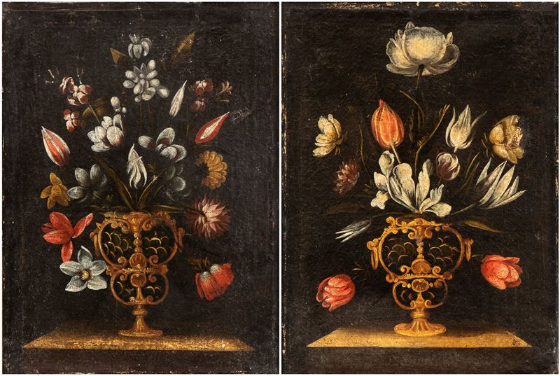 Giacomo Recco - Coppia di nature morte di fiori in un vaso