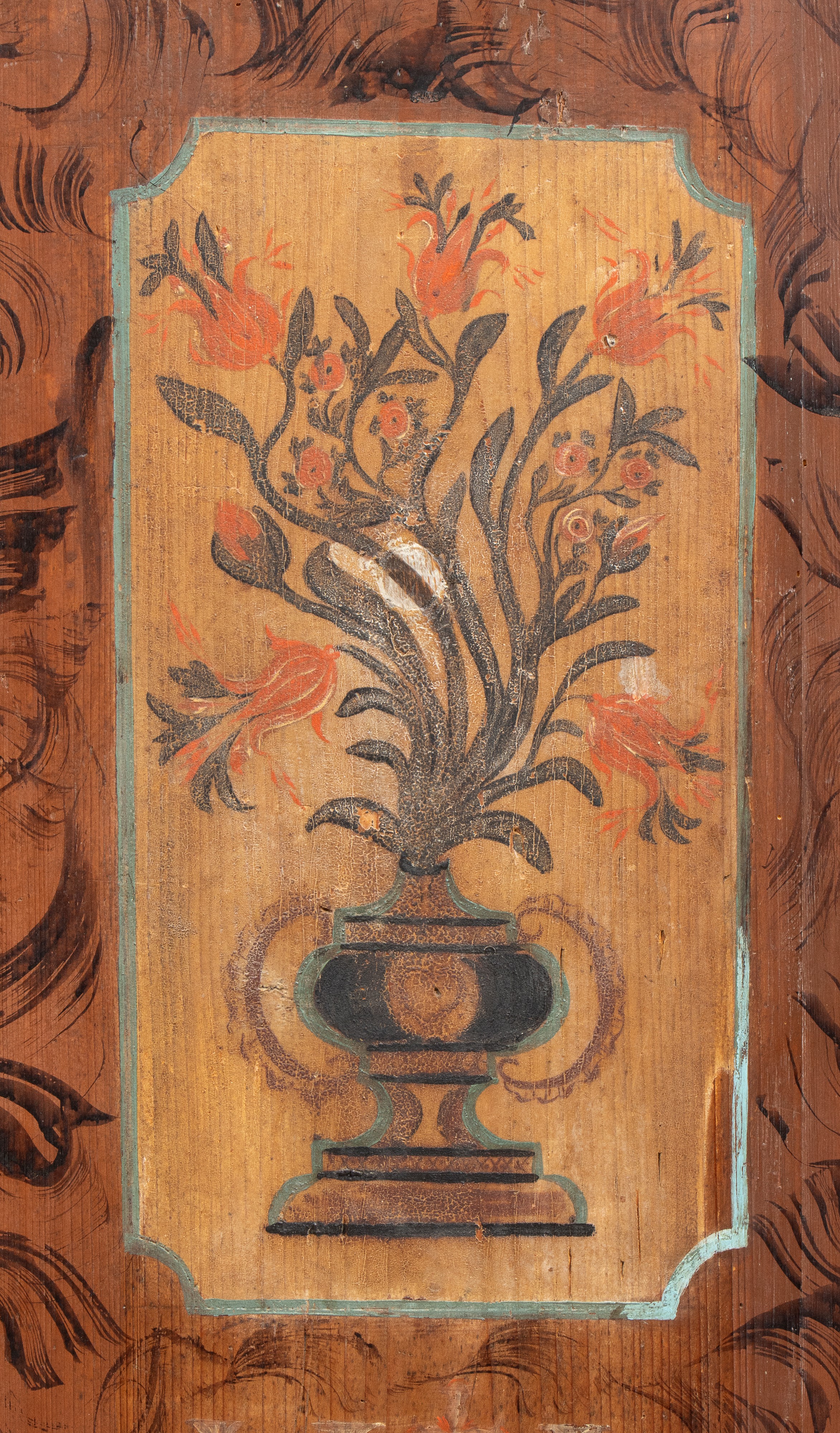 Armadio tirolese dipinto, pino, pitture decorative floreali e finto marmo (fine XVIII - inizi XIX...