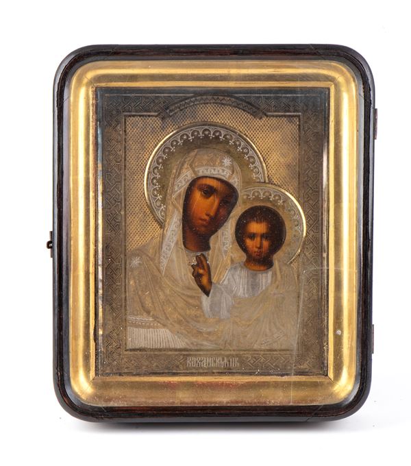 Russian icon depicting the Madonna of Kazan with silver riza