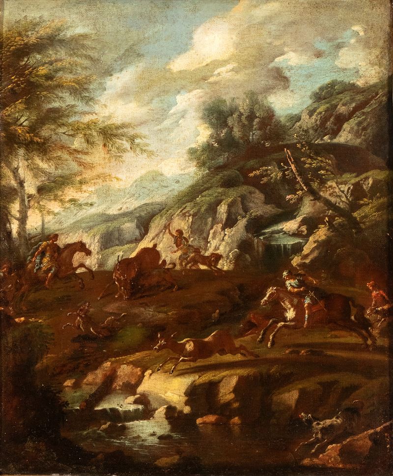 Artista Attivo a Napoli, Prima Metà XVIII Secolo - Paesaggio con caccia al cervo, olio su tela