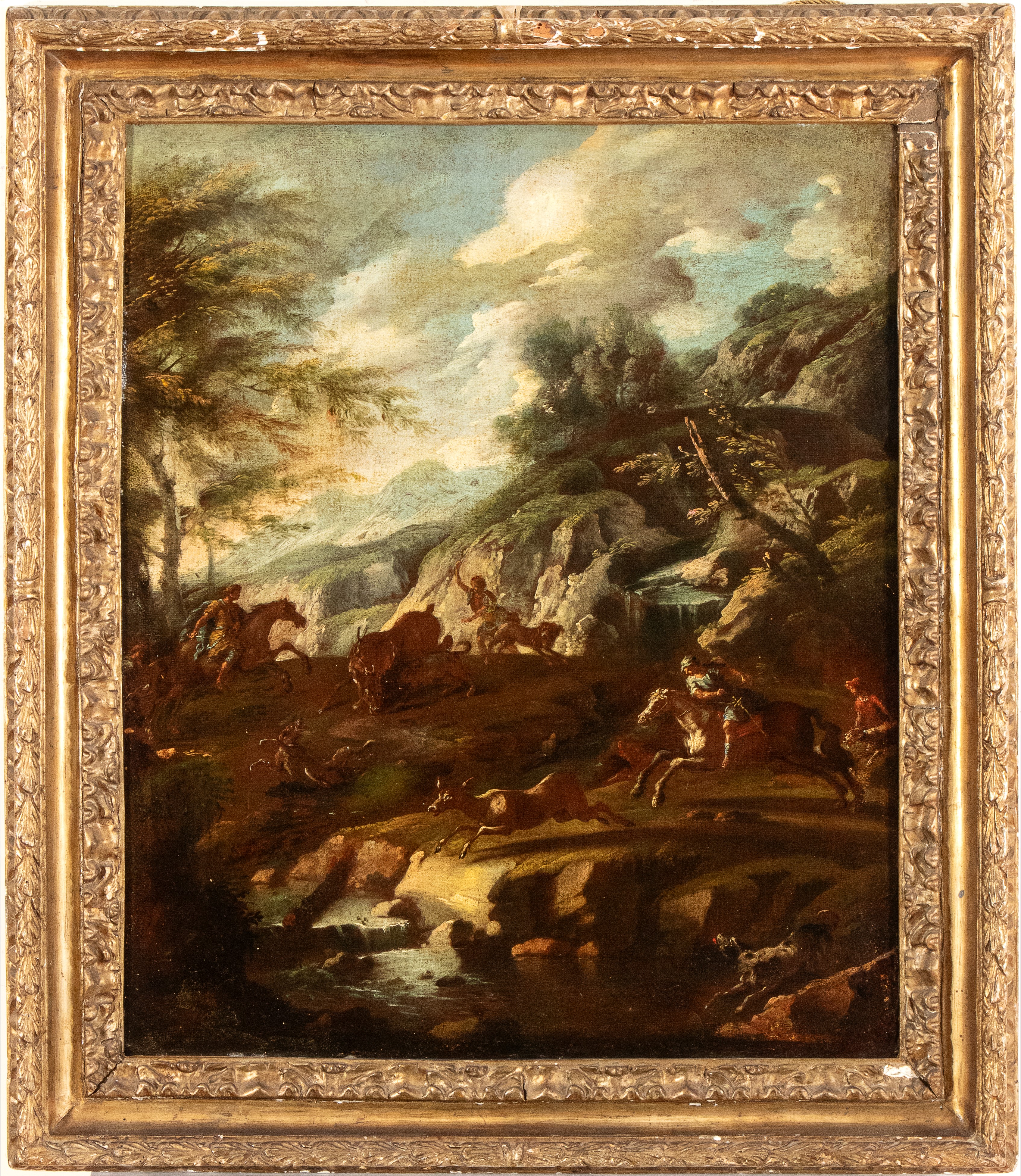 Artista Attivo a Napoli, Prima Metà XVIII Secolo - Paesaggio con caccia al cervo, olio su tela