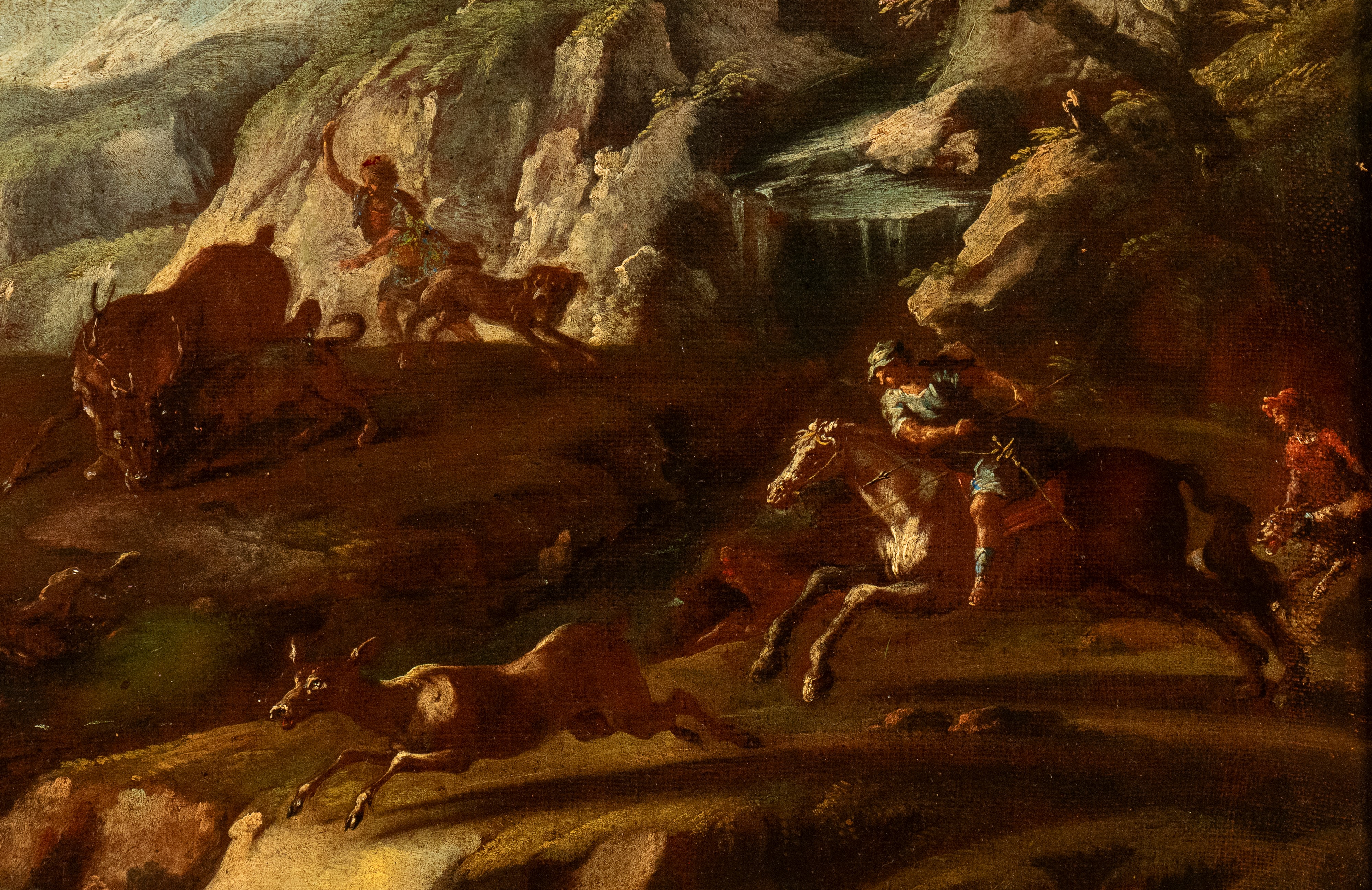Artista Attivo a Napoli, Prima Metà XVIII Secolo - Paesaggio con caccia al cervo, olio su tela