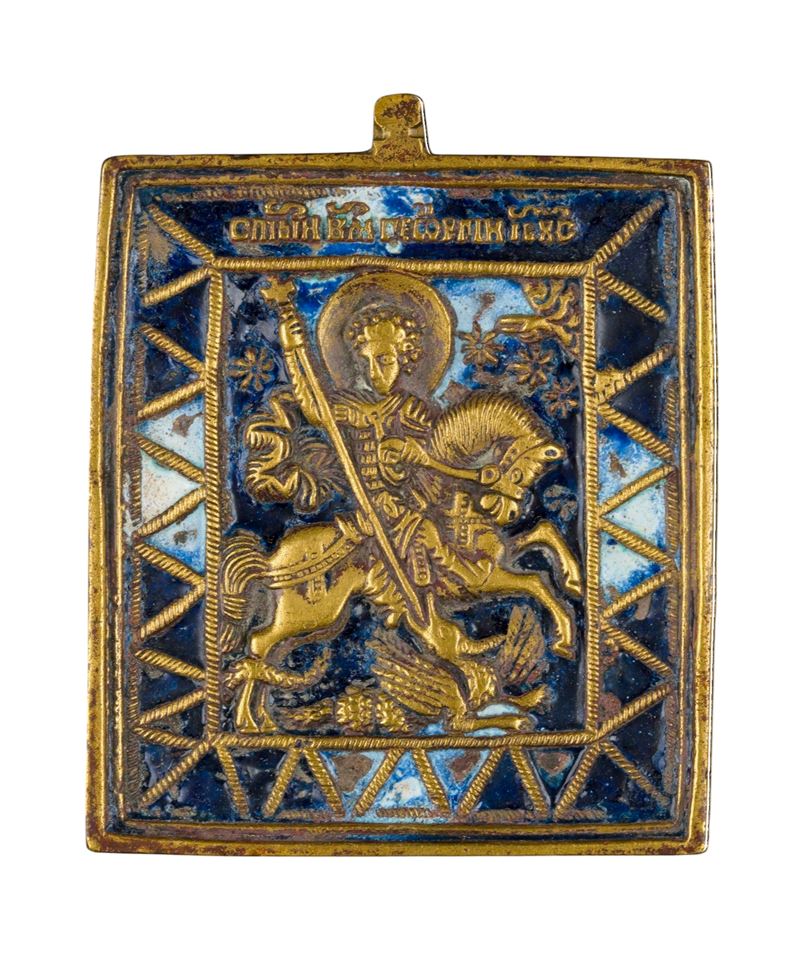 Icona da viaggio raffigurante San Giorgio, fusione in bronzo con smalti policromi (XIX secolo)