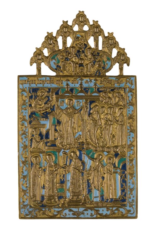 Travel icon depicting the Protection of the Veil (Pokrov) of the Mother of God
