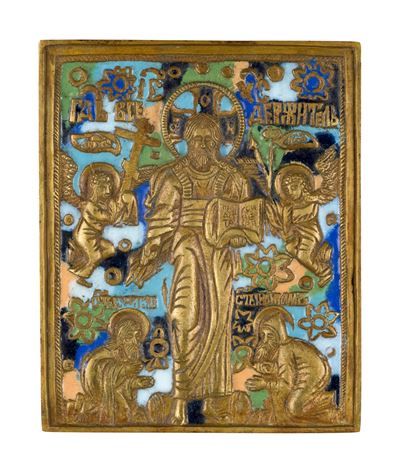 Icona da viaggio del Salvatore di Smolensk, fusione in bronzo con smalti policromi (XIX secolo)