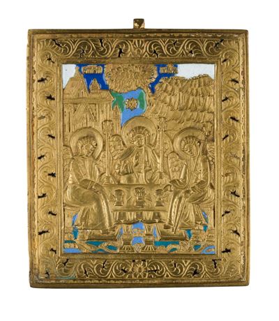 Icona da viaggio, allegoria della Trinità, fusione in bronzo e smalti policromi (XIX secolo)