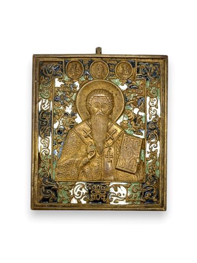 Icona da viaggio, Fusione in bronzo con smalti policromi raffigurante Sant’Antipa e la Deesis