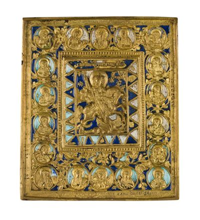 Icona da viaggio raffigurante San Giorgio e la Deesis, fusione in bronzo con smalti policromi (XI...
