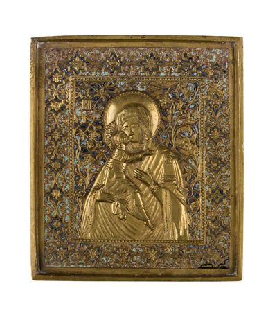 Icona da viaggio, Vergine Eleousa (o della Tenerezza), fusione in bronzo con smalti policromi, XI...