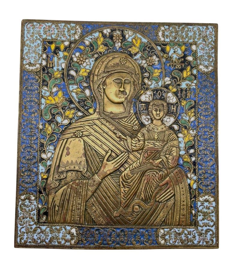 Icona da viaggio raffigurante la Madonna di Smolensk, fusione in bronzo e smalti policromi (XIX s...