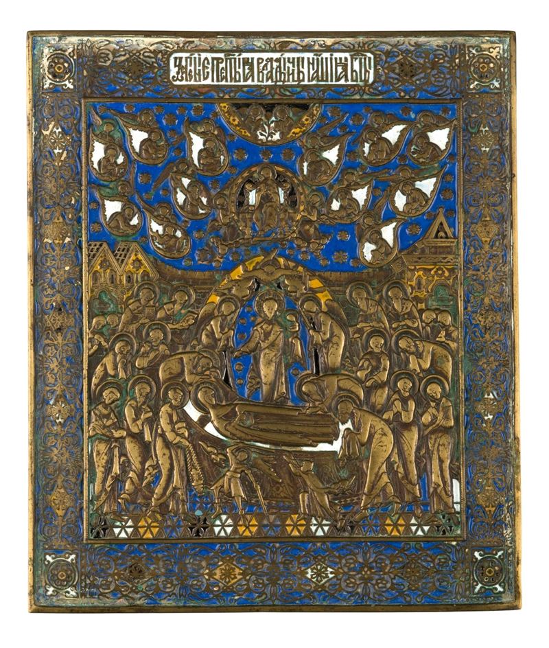 Icona da viaggio della Dormizione della Vergine, fusione in bronzo con smalti policromi, XIX seco...