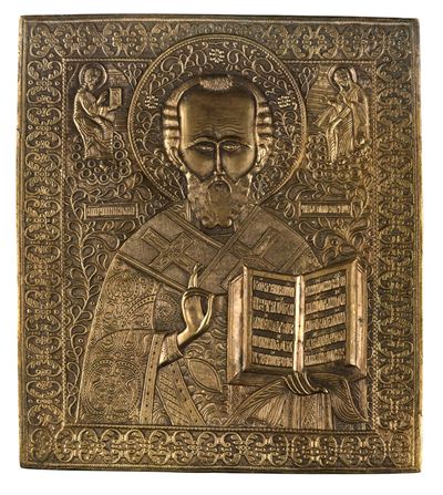 Anonimo, Icona da viaggio raffigurante San Nicola di Mira, fusione in bronzo (XIX secolo)