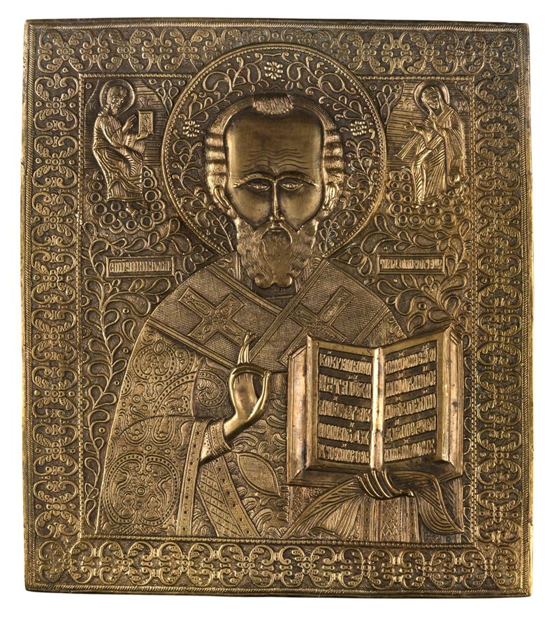 Anonimo, Icona da viaggio raffigurante San Nicola di Mira, fusione in bronzo (XIX secolo)