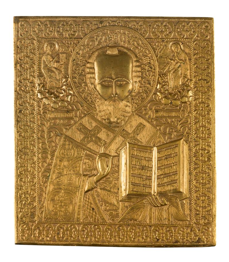 Icona raffigurante San Nicola di Mira, fusione in bronzo, XIX secolo