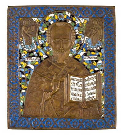 Icona da viaggio di San Nicola di Mira, fusione in bronzo con smalti policromi, XIX secolo