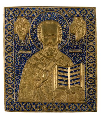 Icona da viaggio raffigurante San Nicola di Mira, fusione in bronzo e smalti policromi (XIX secol...