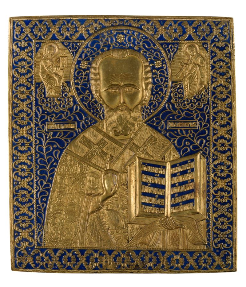 Icona da viaggio raffigurante San Nicola di Mira, fusione in bronzo e smalti policromi (XIX secol...