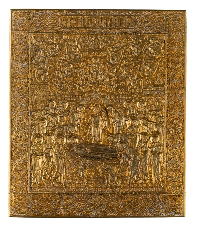 Icona da viaggio della Dormizione della Vergine, fusione in bronzo,  XIX secolo