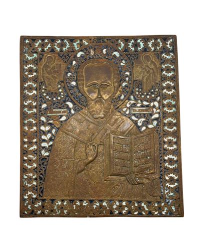 Icona di San Nicola di Mira, fusione in bronzo con smalti policromi (XIX secolo)