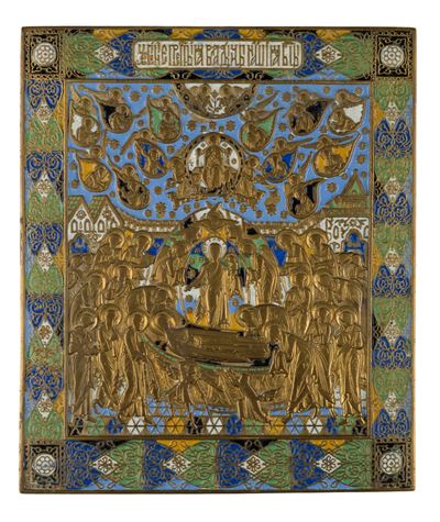 Icona della Dormizione della Vergine, fusione in bronzo e smalti policromi (XIX secolo)