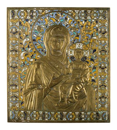 Icona della Madonna di Smolensk, fusione in bronzo con smalti policromi