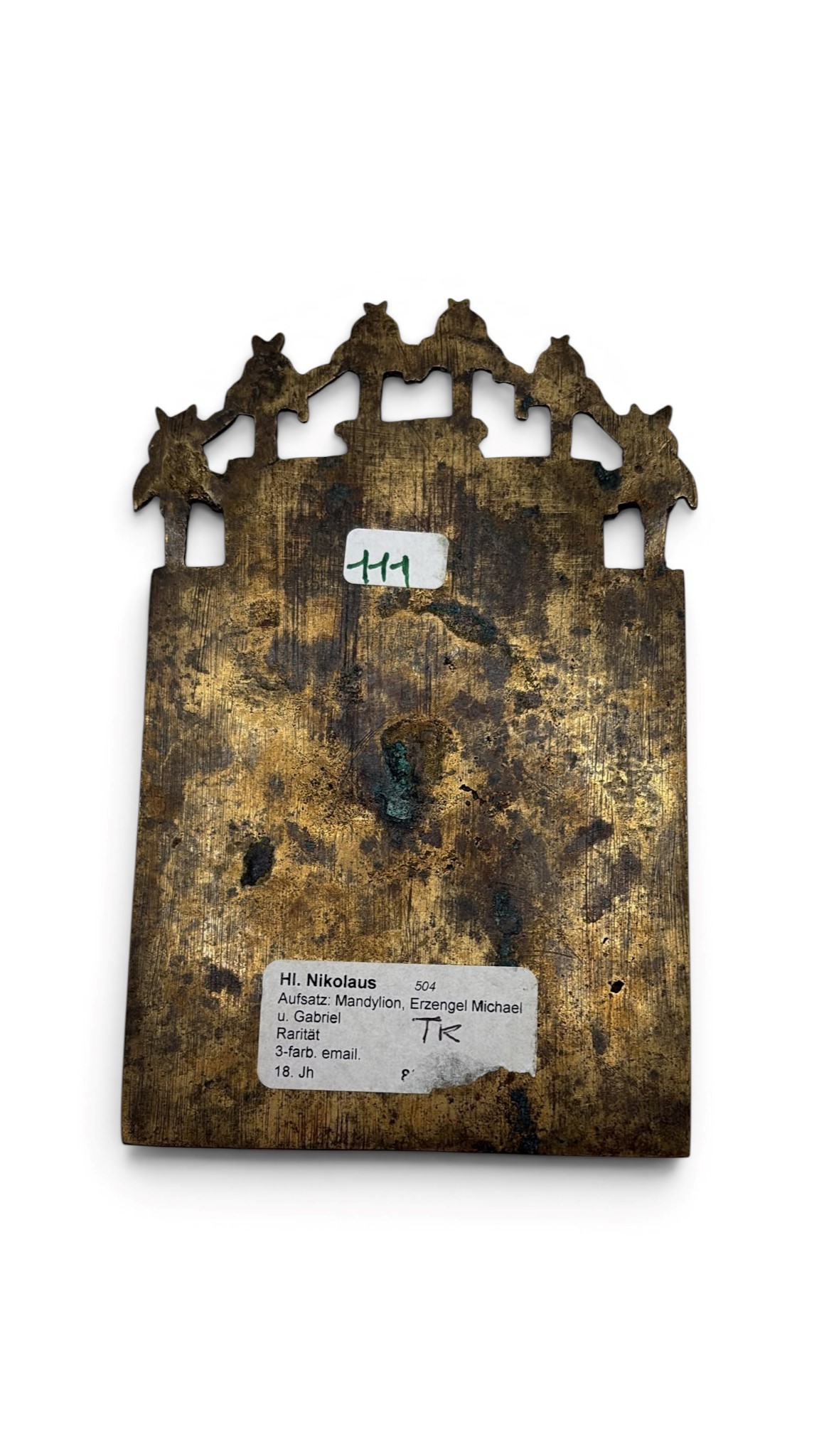 Icona da viaggio di San Nicola di Mira, fusione in bronzo con smalti policromi,  XIX secolo
