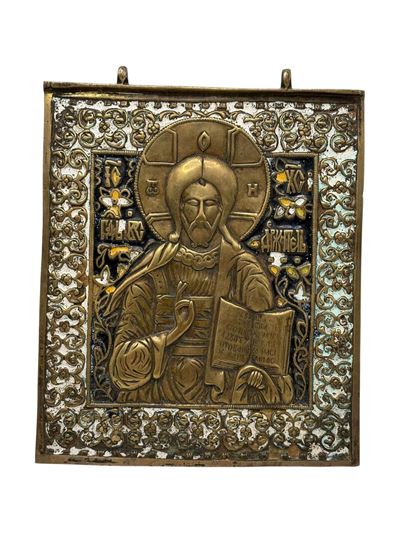 Icona da viaggio raffigurante il Cristo Pantocratore, fusione in bronzo con smalti policromi (XIX...