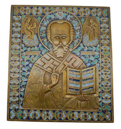 Icona da viaggio raffigurante San Nicola di Mira, fusione in bronzo con smalti policromi, XIX sec...