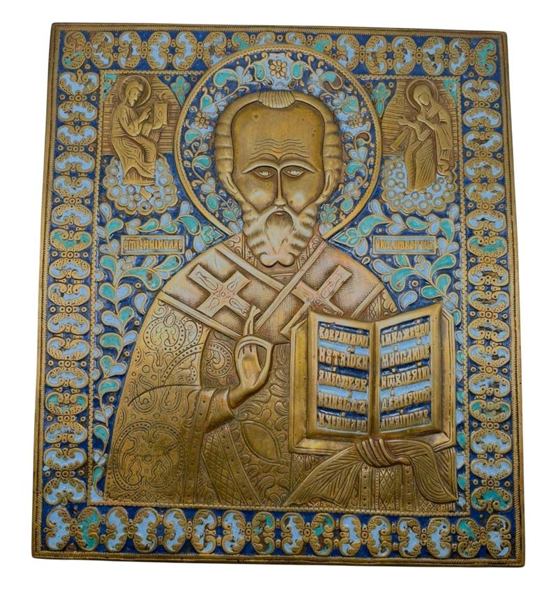 Icona da viaggio raffigurante San Nicola di Mira, fusione in bronzo con smalti policromi, XIX sec...