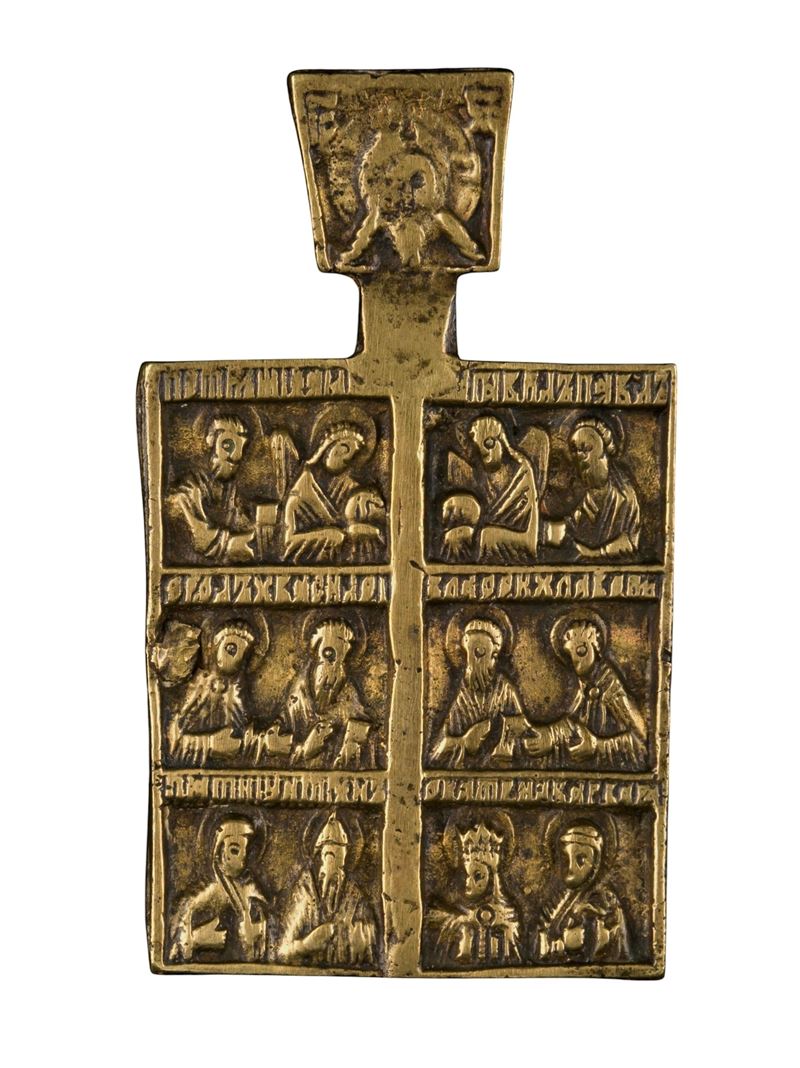Icona da viaggio, Arcangeli e Santi, fusione in bronzo (XVIII secolo)