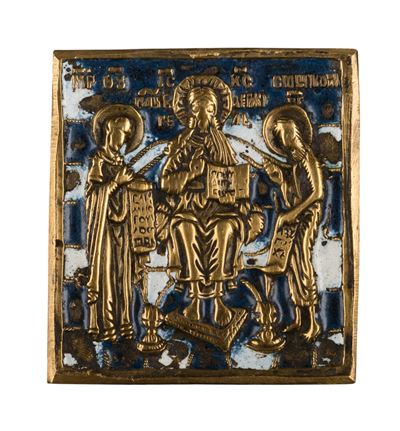 Deisis in bronzo con smalti policromi, piccola icona da viaggio (XIX secolo)