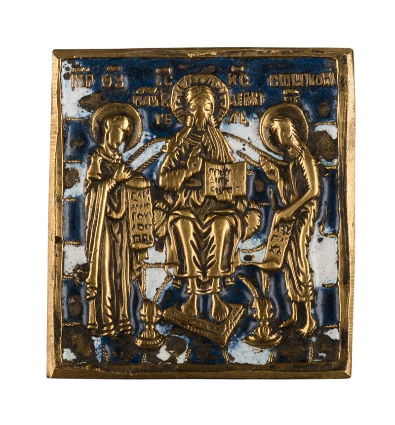 Deisis in bronzo con smalti policromi, piccola icona da viaggio (XIX secolo)