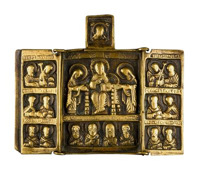 XIX secolo, Trittico da viaggio con Deesis allargata, fusione in bronzo