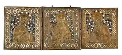 Trittico da viaggio raffigurante la Deesis, fusione in bronzo e smalti policromi (XIX secolo)