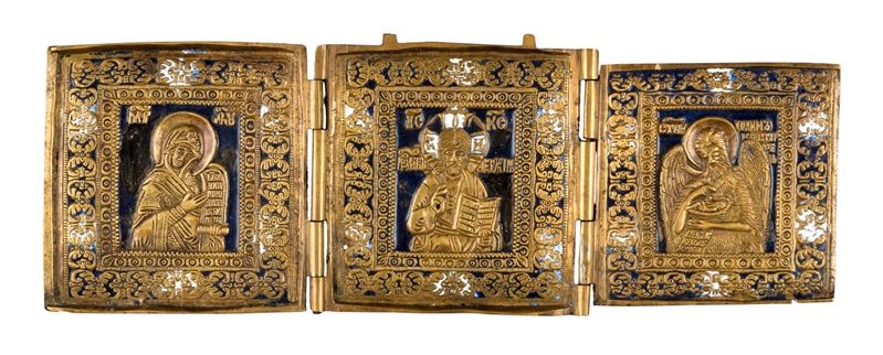 XIX secolo, Trittico da viaggio raffigurante la Deesis in fusione di bronzo con smalti policromi