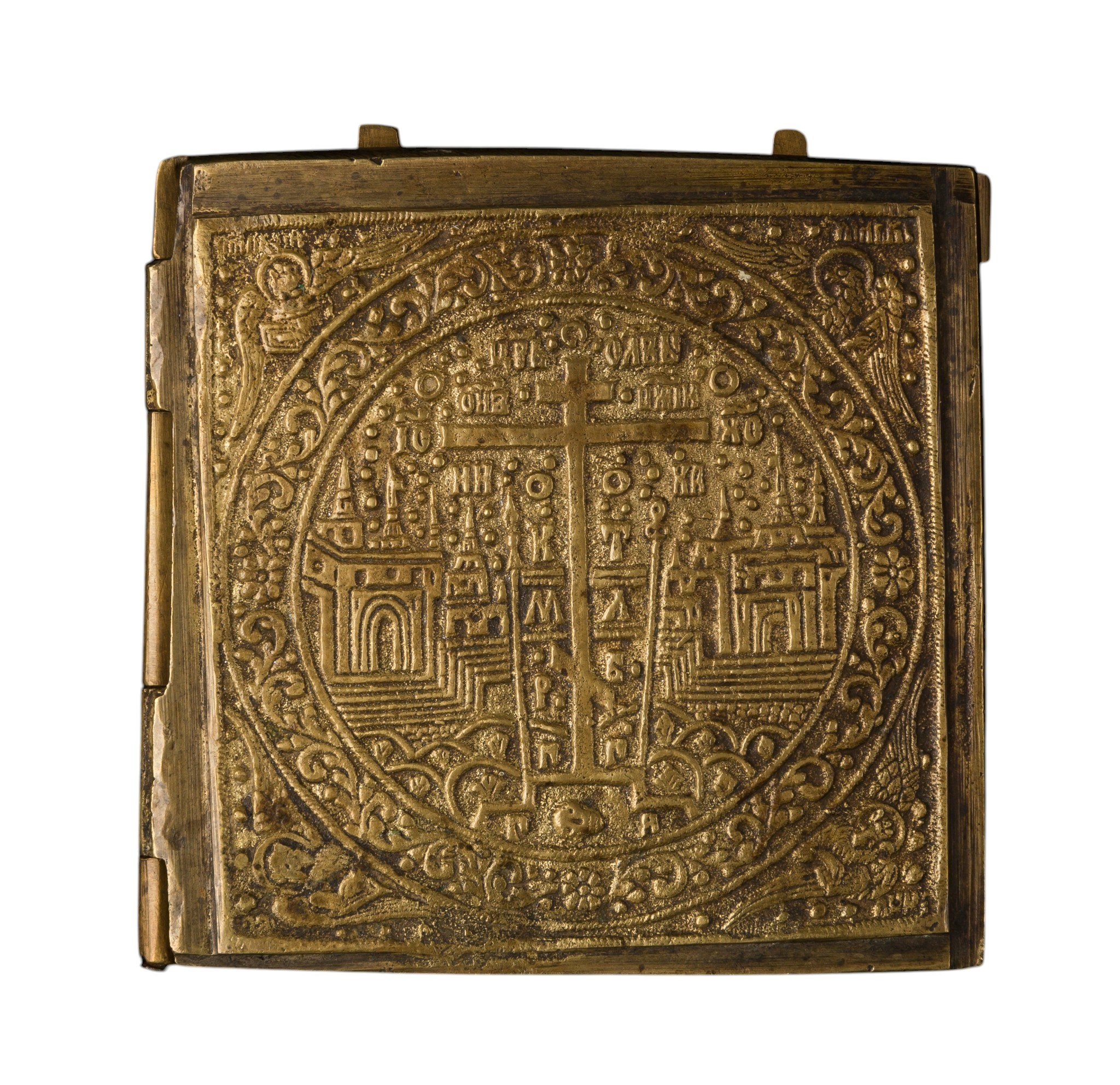 XIX secolo, Trittico da viaggio raffigurante la Deesis in fusione di bronzo con smalti policromi